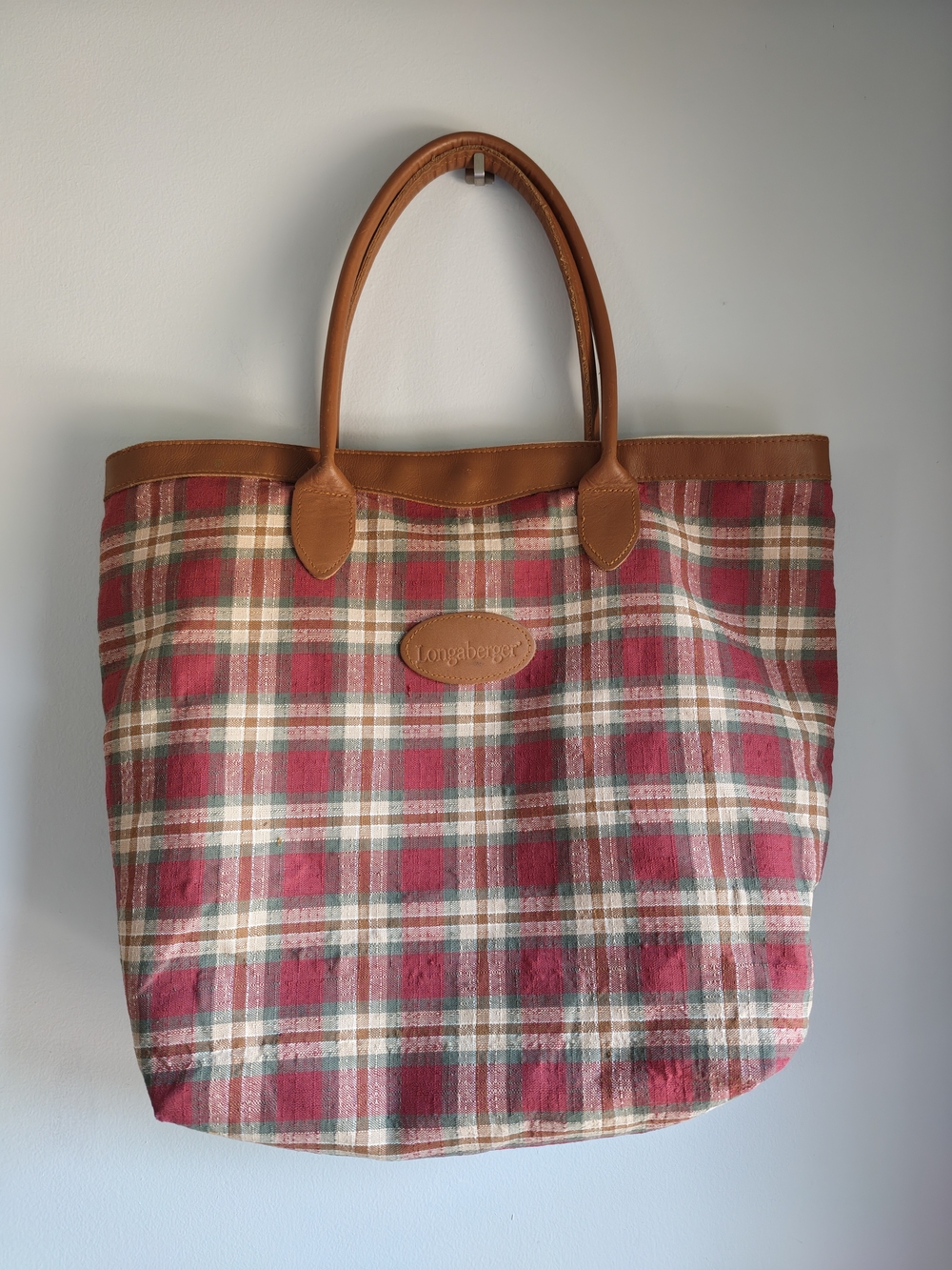 Longaberger Red Plaid Tote Bag with Leather Trim